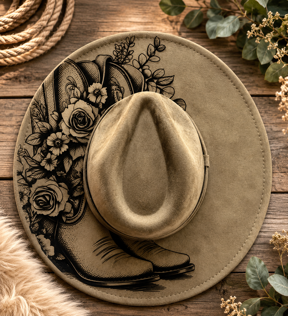 Cowboy Boots with Flowers Wide Brim Hat