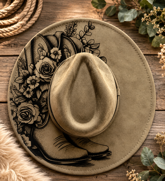 Cowboy Boots with Flowers Wide Brim Hat